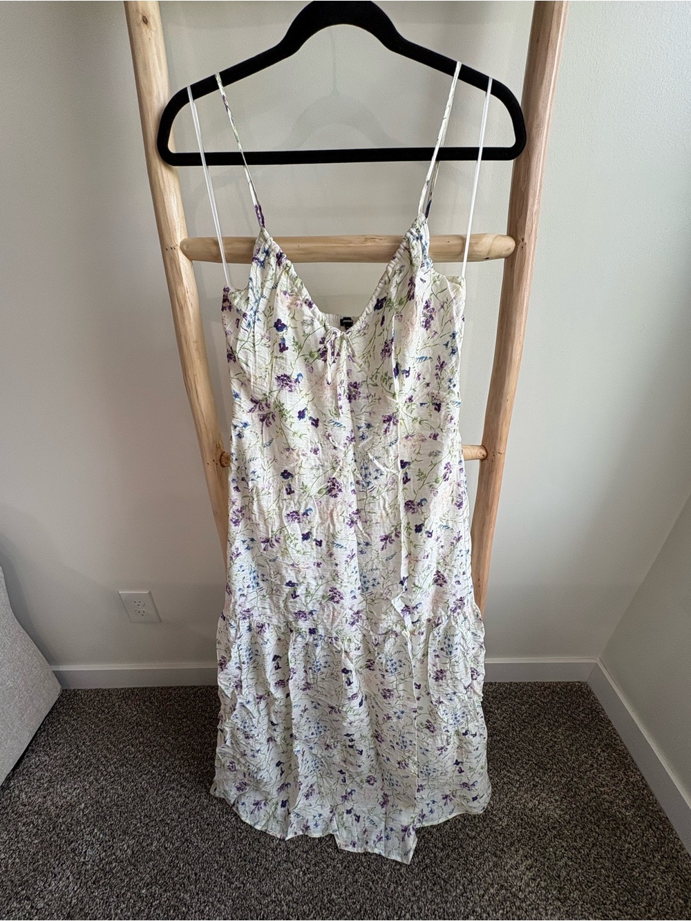 Express Light Floral Tiered Slip Dress - White with Purple Floral